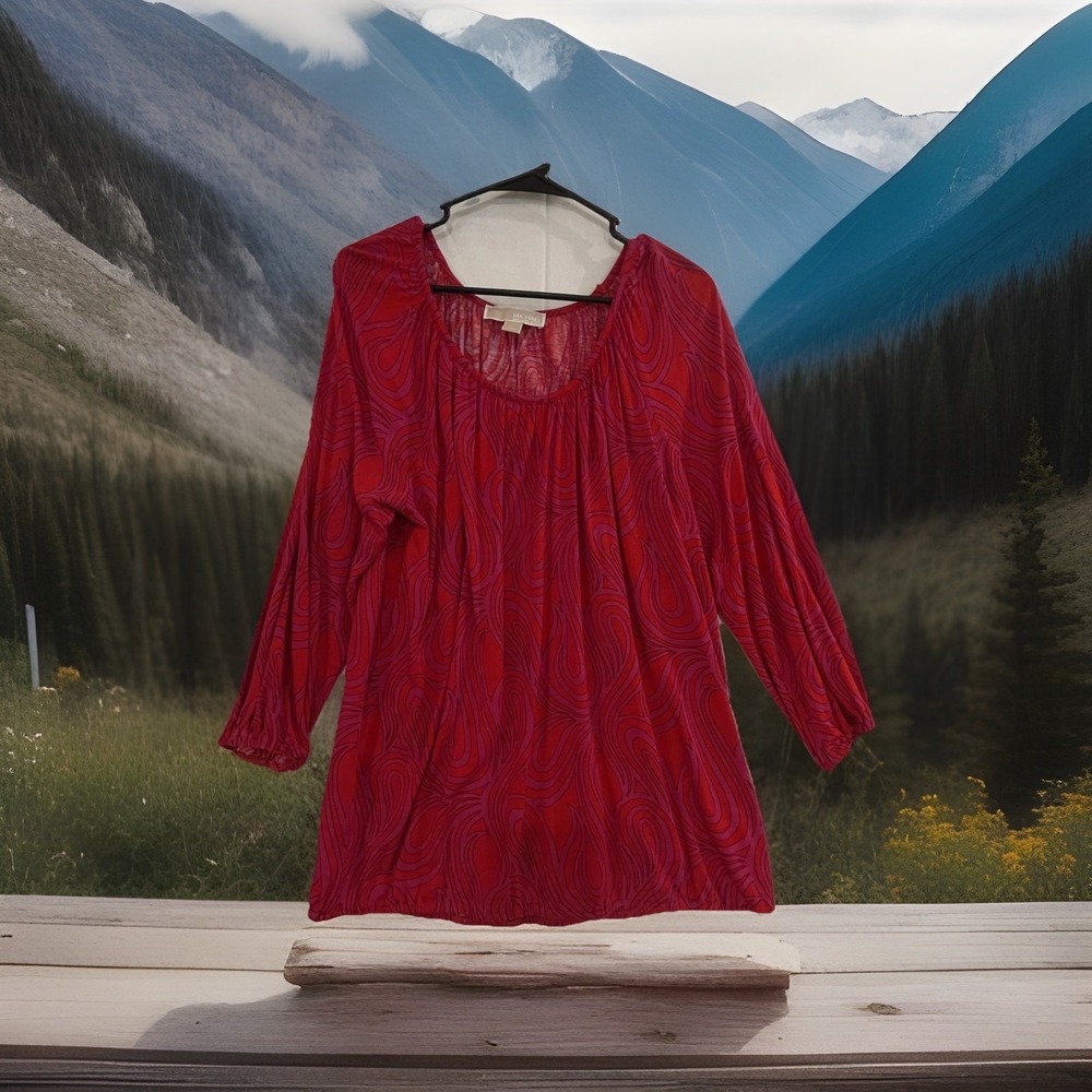 Michael Michael Kors Blouse Womens Large Red Pink Swirl Boho Peasant Tunic Top